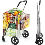 Wellmax Shopping Cart with Wheels, Metal Grocery Cart with Wheels, Shopping Carts for Groceries, Folding Cart for Convenient Storage and Holds Up to 66lbs, Dual Swivel Wheels and Extra Basket, Silver