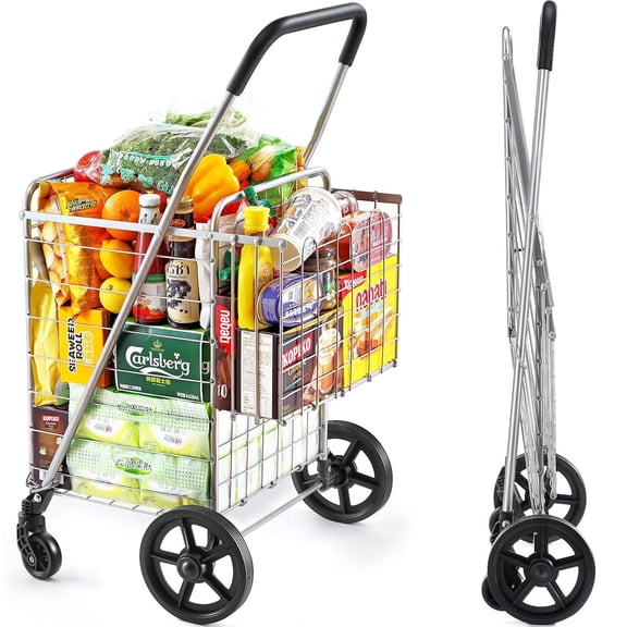 Wellmax Shopping Cart with Wheels, Metal Grocery Cart with Wheels, Shopping Carts for Groceries, Folding Cart for Convenient Storage and Holds Up to 66lbs, Dual Swivel Wheels and Extra Basket, Silver