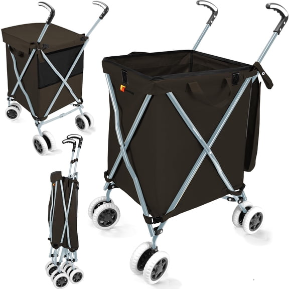 Wellmax WM99100 Series Folding Shopping Cart with Wheels, Grocery Cart with Removable Canvas with Cover, Lightweight Utility Cart for Groceries and Laundry - Holds up to 120 lbs Black