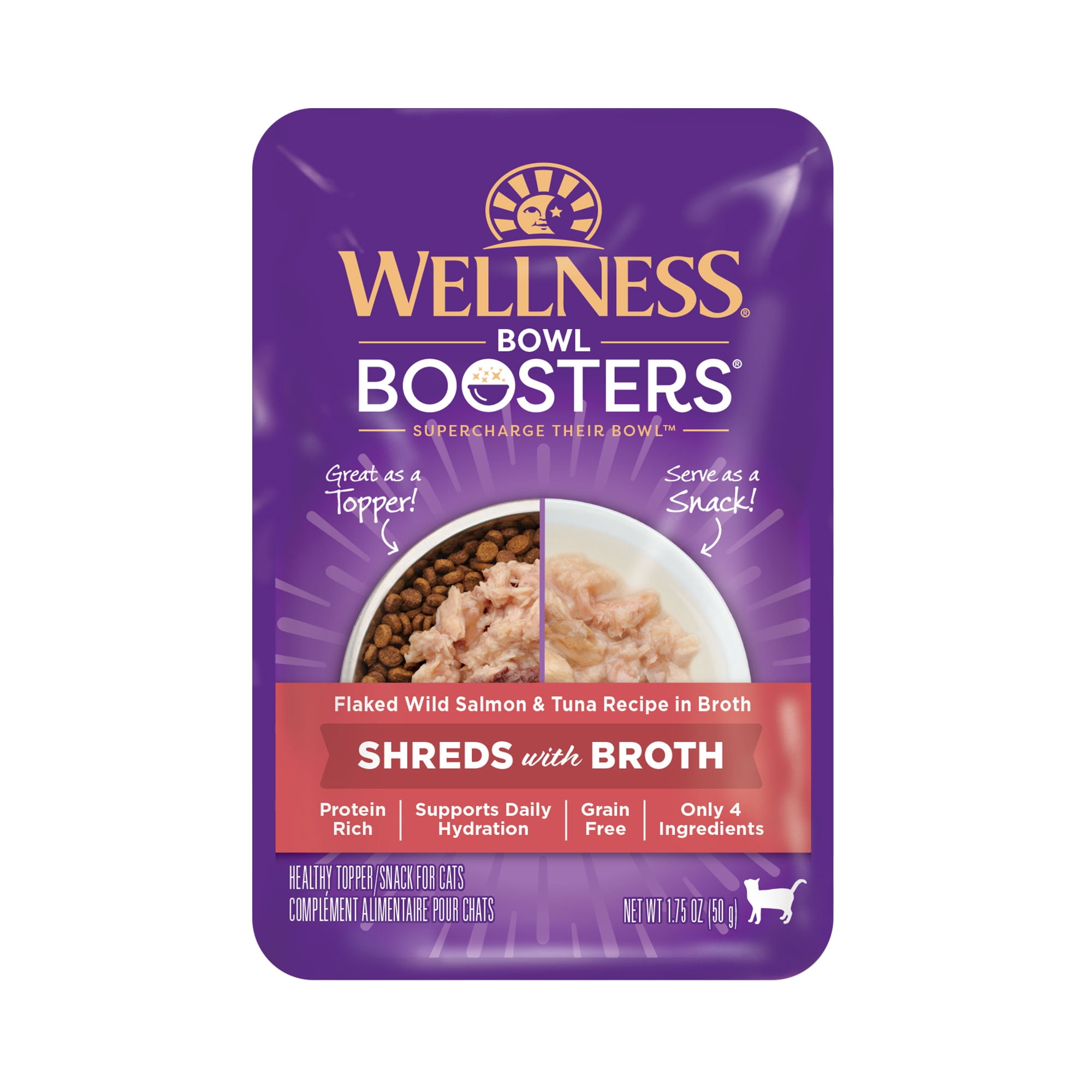 Wellness Bowl Boosters Wet Cat Food Topper, Grain Free, Natural, Flaked Salmon & Tuna Recipe in Broth, 1.75 Ounce Pouch (Pack of 12)