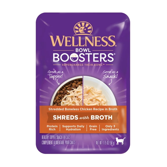 Wellness Bowl Boosters Wet Cat Food Topper, Grain Free, Natural, Shredded Chicken Recipe in Broth, 1.75 Ounce Pouch (Pack of 12)