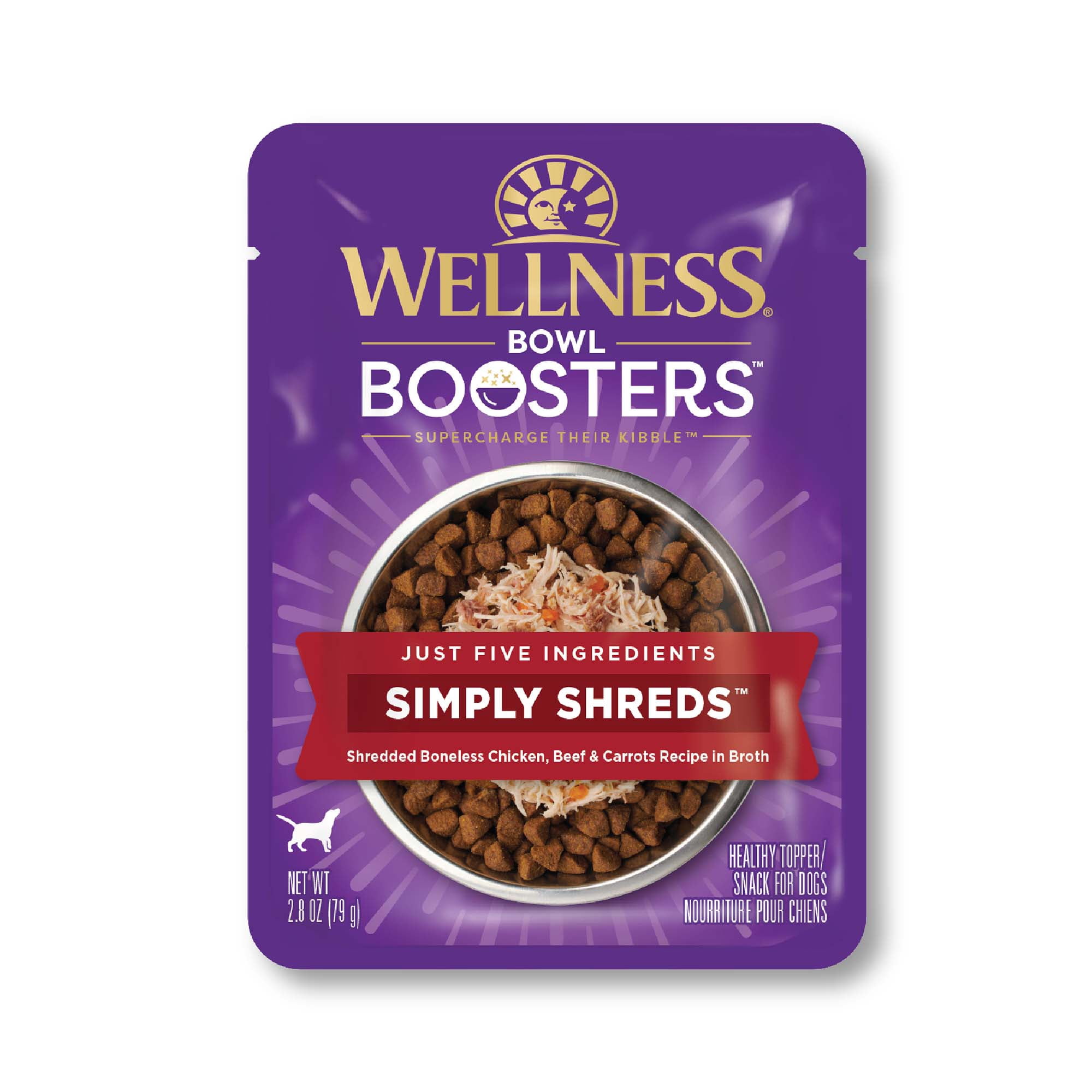 Wellness Bowl Boosters Simply Shreds Wet Dog Food Topper for Small, Medium, & Large Breeds, Grain Free, Natural, Chicken, Beef & Carrots, 2.8 Ounce Pouch (Pack of 12)