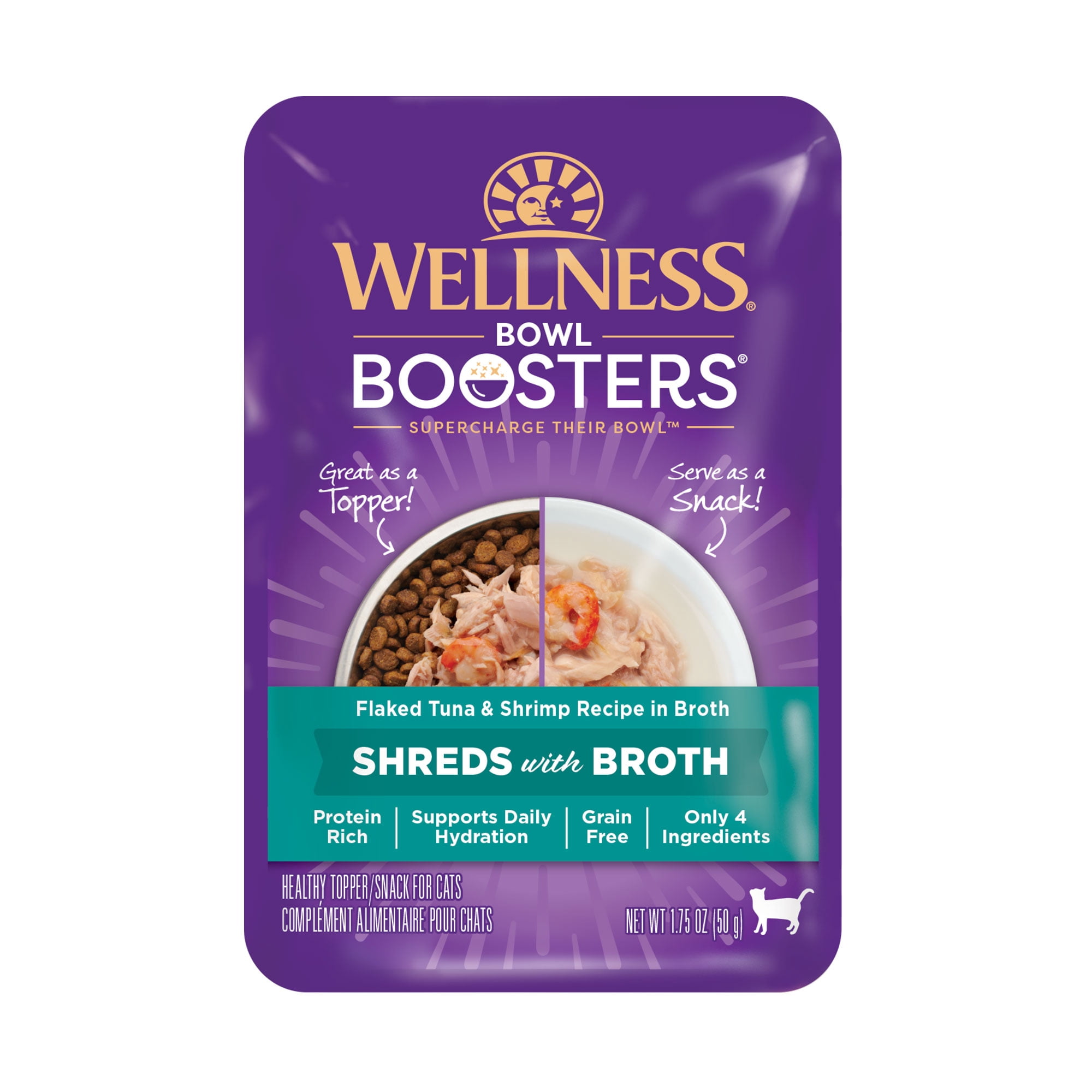 Wellness Bowl Boosters Wet Cat Food Topper, Grain Free, Natural, Flaked Tuna & Shrimp Recipe in Broth, 1.75 Ounce Pouch (Pack of 12)