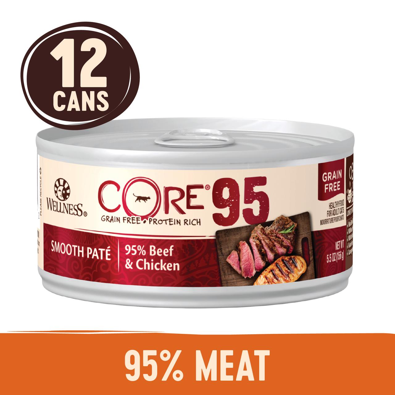 Wellness CORE 95% Natural Grain Free Wet Canned Cat Food, Beef & Chicken, 5.5-Ounce Can (Pack of 12) - image 1 of 8