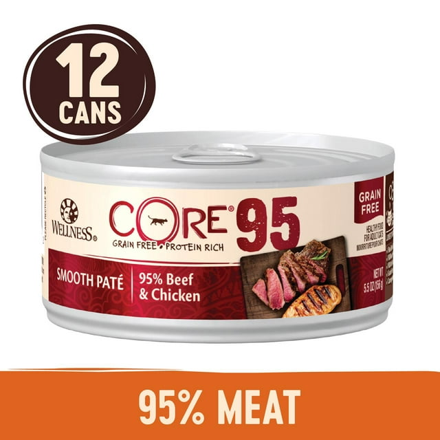 Wellness CORE 95% Natural Grain Free Wet Canned Cat Food, Beef & Chicken, 5.5-Ounce Can (Pack of 12)