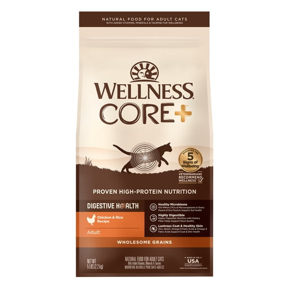 Wellness CORE+ Adult Dry Cat Food, Natural, Wholesome Grains Kibble, Digestive Health Chicken and Rice Recipe, 5 lb Bag