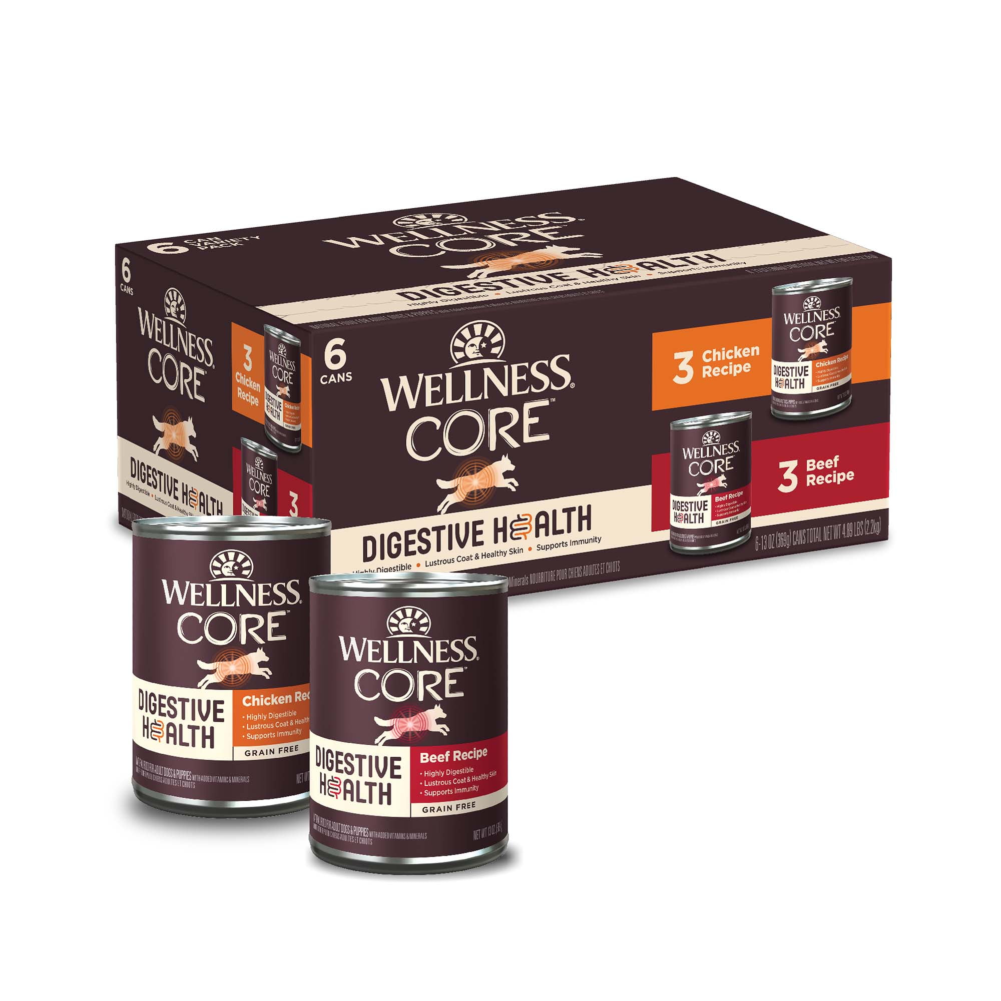 Wellness CORE Digestive Health Pate Variety Pack Adult Canned Wet Dog Food, Grain Free, Sensitive Stomach, Natural 13 oz, Pack of 6 Cans