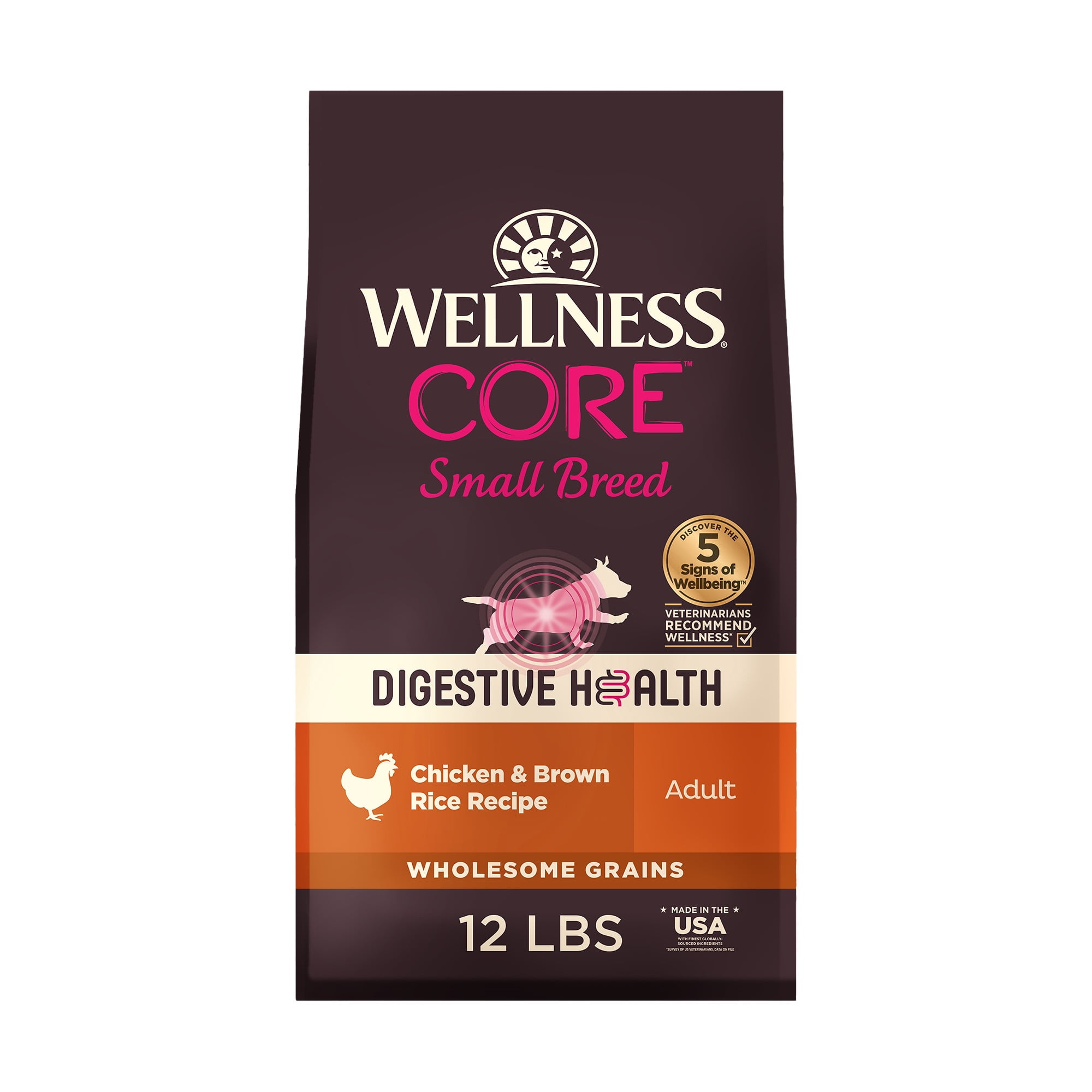 Wellness CORE Digestive Health Small Breed Adult Dry Dog Food, Wholesome Grain Kibble, Sensitive Stomach, Natural, High Protein, Chicken Recipe, 12 lb Bag