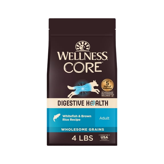 Wellness CORE Digestive Health Dry Dog Food, Wholesome Grains, Natural, High Quality Ingredients for Dogs with Sensitive Stomachs, Whitefish & Brown Rice Recipe, (4-Pound Bag)