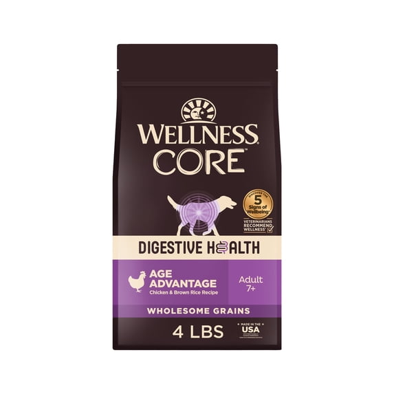 Wellness CORE Digestive Health Senior Dry Dog Food, Wholesome Grains, Natural, High Quality Ingredients for Dogs with Sensitive Stomachs, Age Advantage Chicken & Brown Rice Recipe, (4-Pound Bag)
