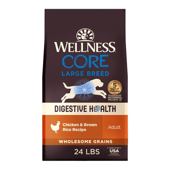 Wellness CORE Digestive Health Large Breed Adult Dry Dog Food, Wholesome Grain Kibble, Sensitive Stomach, Natural, High Protein, Chicken and Brown Rice Recipe, 24 lb Bag
