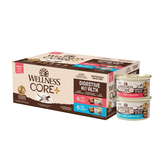 Wellness CORE Digestive Health Pate Variety Pack Adult Canned Wet Cat Food, Natural, Protein Rich, Grain Free, Salmon and Whitefish Recipes, 3 oz, Pack of 12 Cans