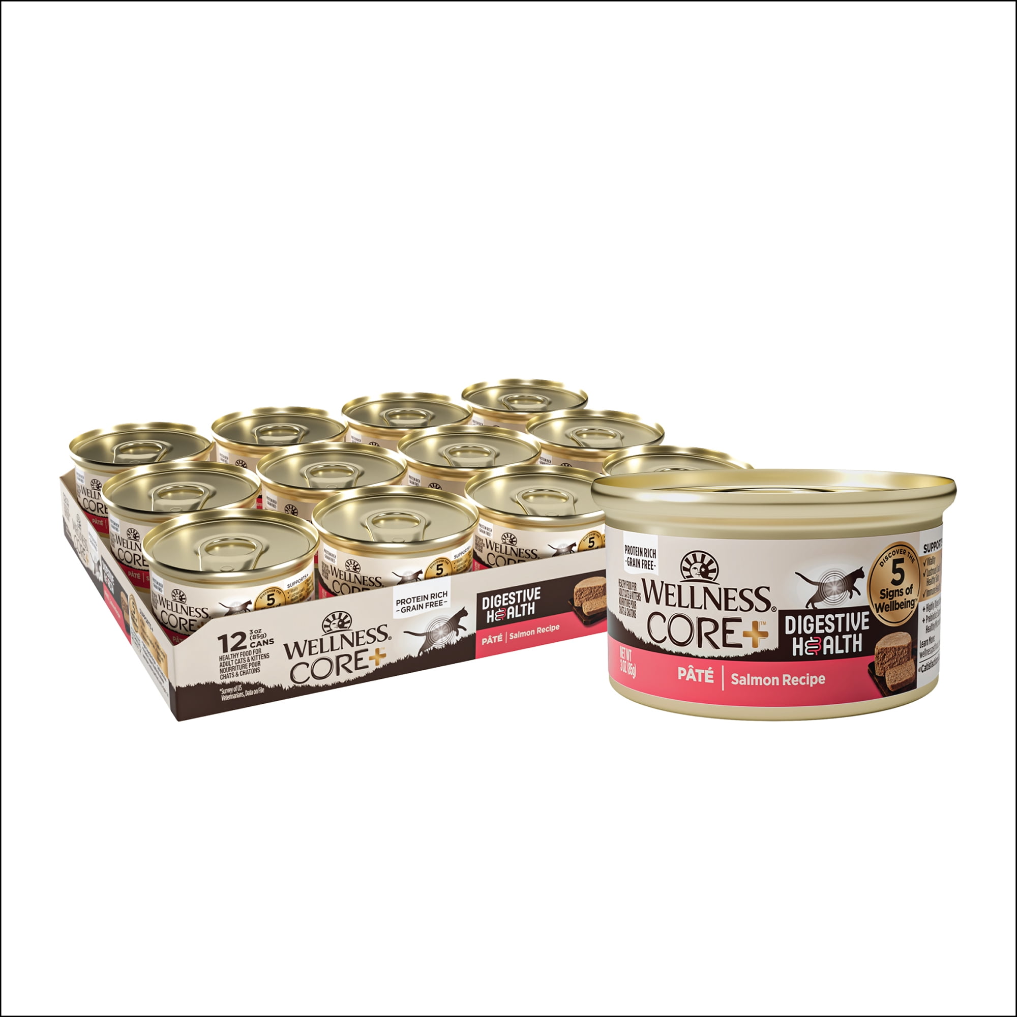 Wellness CORE+ Digestive Health Pate Adult Canned Wet Cat Food, Natural, Protein Rich, Grain Free, Salmon Recipe, 3 oz, Pack of 12 Cans