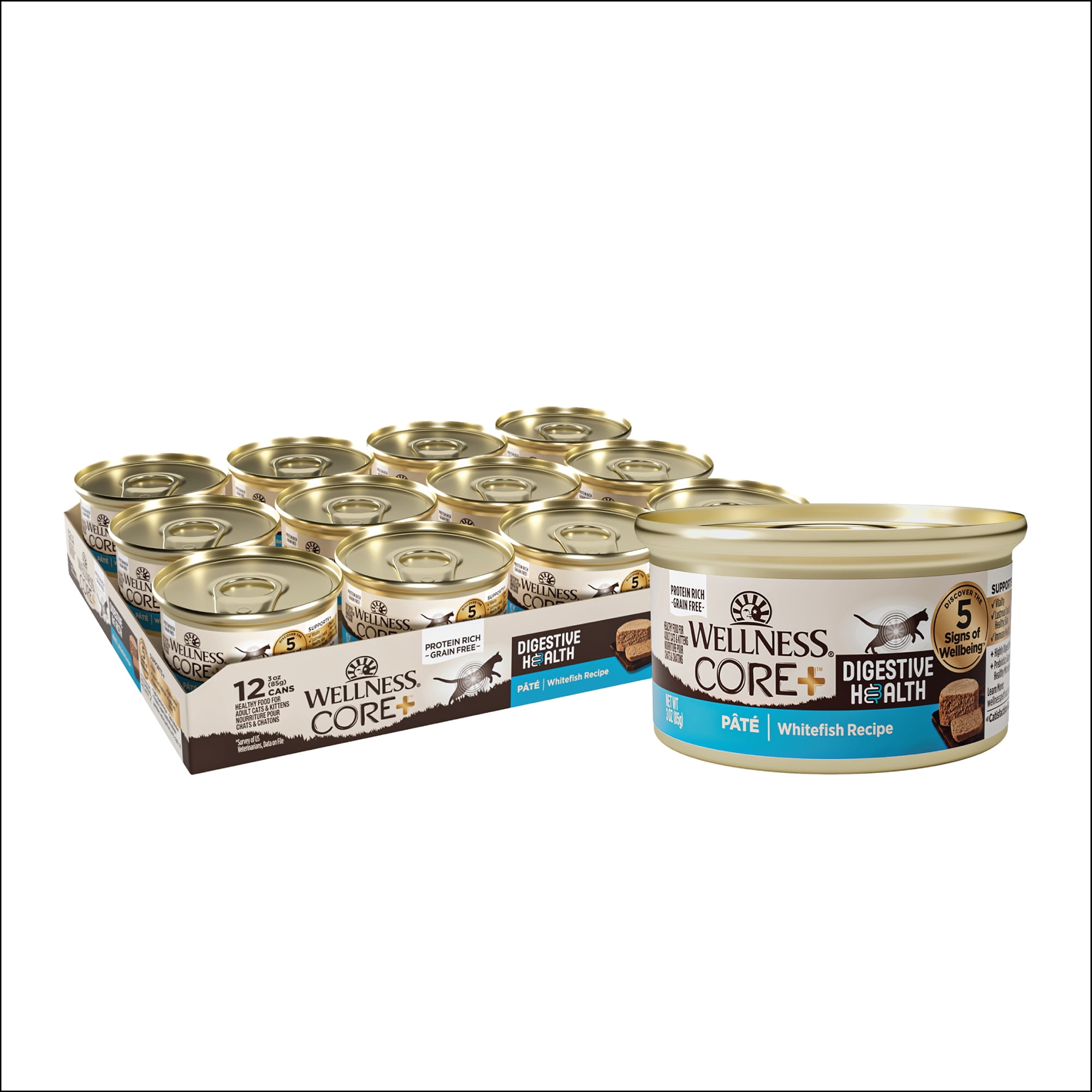 Wellness CORE+ Digestive Health Pate Adult Canned Wet Cat Food, Natural, Protein Rich, Grain Free, Whitefish Recipe, 3 oz, Pack of 12 Cans