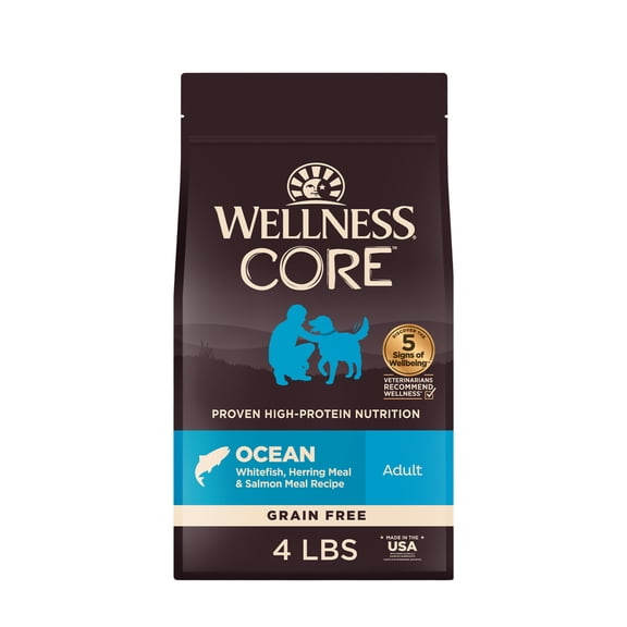 Wellness CORE Dry Dog Food, Grain Free, High Protein, Natural, Ocean Whitefish, Herring, & Salmon Recipe, (4-Pound Bag)