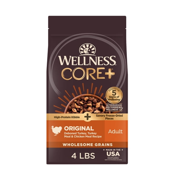 Wellness CORE+ Dry Dog Food with Freeze Dried Pieces, Wholesome Grains, High Protein, Natural, Original Turkey & Chicken Recipe, (4-Pound Bag)