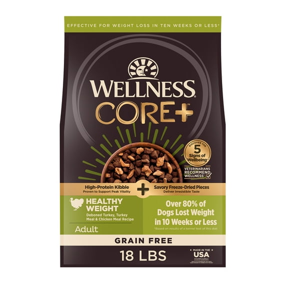Wellness CORE+ Dry Dog Food with Freeze Dried Pieces, Grain Free, High Protein, Natural, Healthy Weight Turkey & Chicken Recipe, (18-Pound Bag)