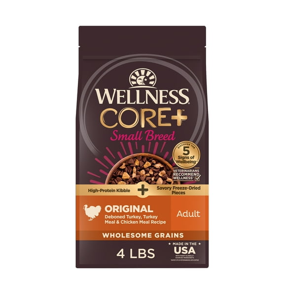 Wellness CORE+ Dry Dog Food with Freeze Dried Pieces, Small Breed, Wholesome Grains, High Protein, Natural, Original Turkey & Chicken Recipe, (4-Pound Bag)