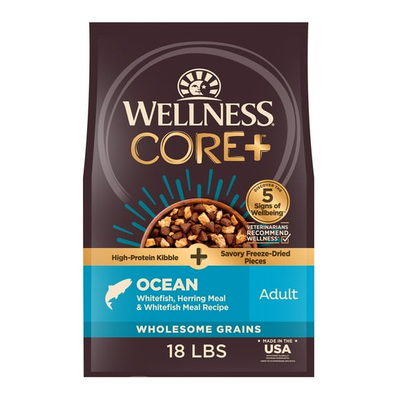 Wellness CORE+ Dry Dog Food with Freeze Dried Pieces, Wholesome Grains, High Protein, Natural, Ocean Whitefish & Herring Recipe, (18-Pound Bag)