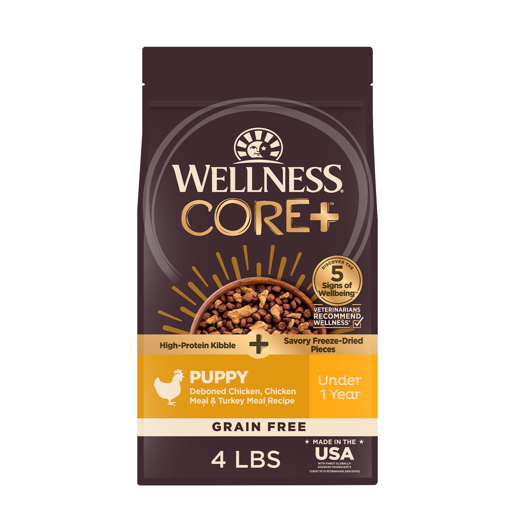 Wellness CORE+ Puppy Dry Dog Food with Freeze Dried Pieces, Grain Free Kibble+, Natural, High Protein, Chicken and Turkey Recipe, 4 lb Bag