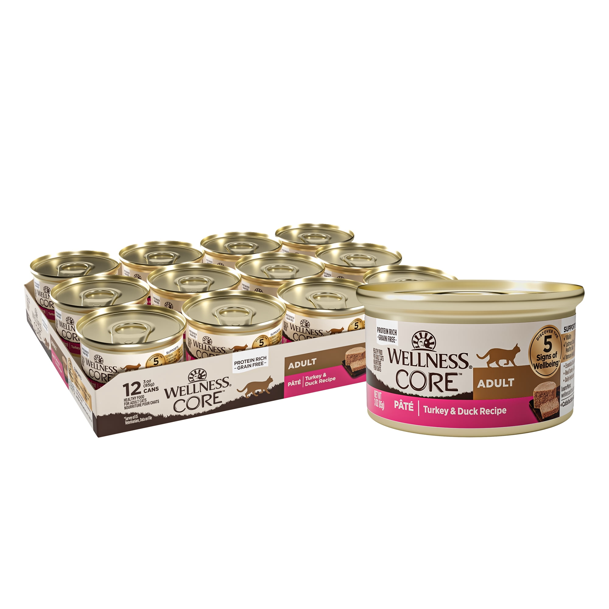 Wellness CORE Pate Adult Canned Wet Cat Food, Natural, Protein Rich, Grain Free, Turkey and Duck Recipe, 3 oz, Pack of 12 Cans