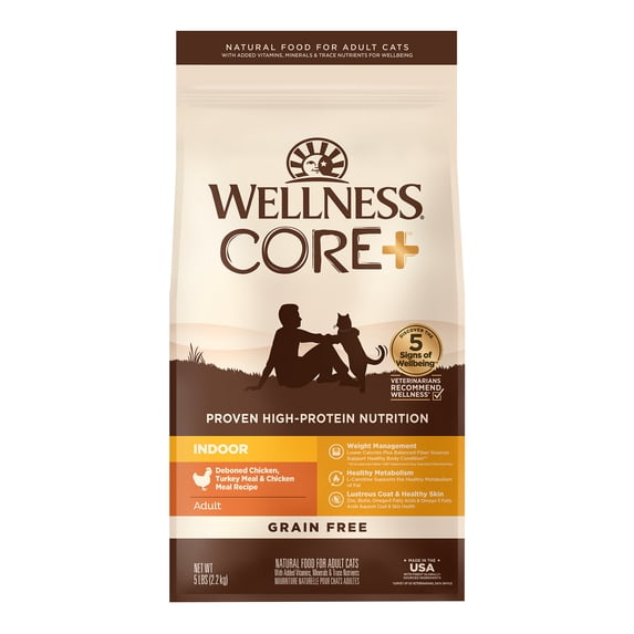 Wellness CORE+ Adult Dry Cat Food for Indoor Cats, Grain Free, Natural, Chicken, Turkey & Chicken Meal (5 Pound Bag)