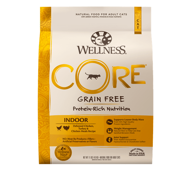Wellness CORE Grain-Free Chicken, Turkey & Chicken Meal Indoor Recipe Dry Cat Food, 11 Pound Bag