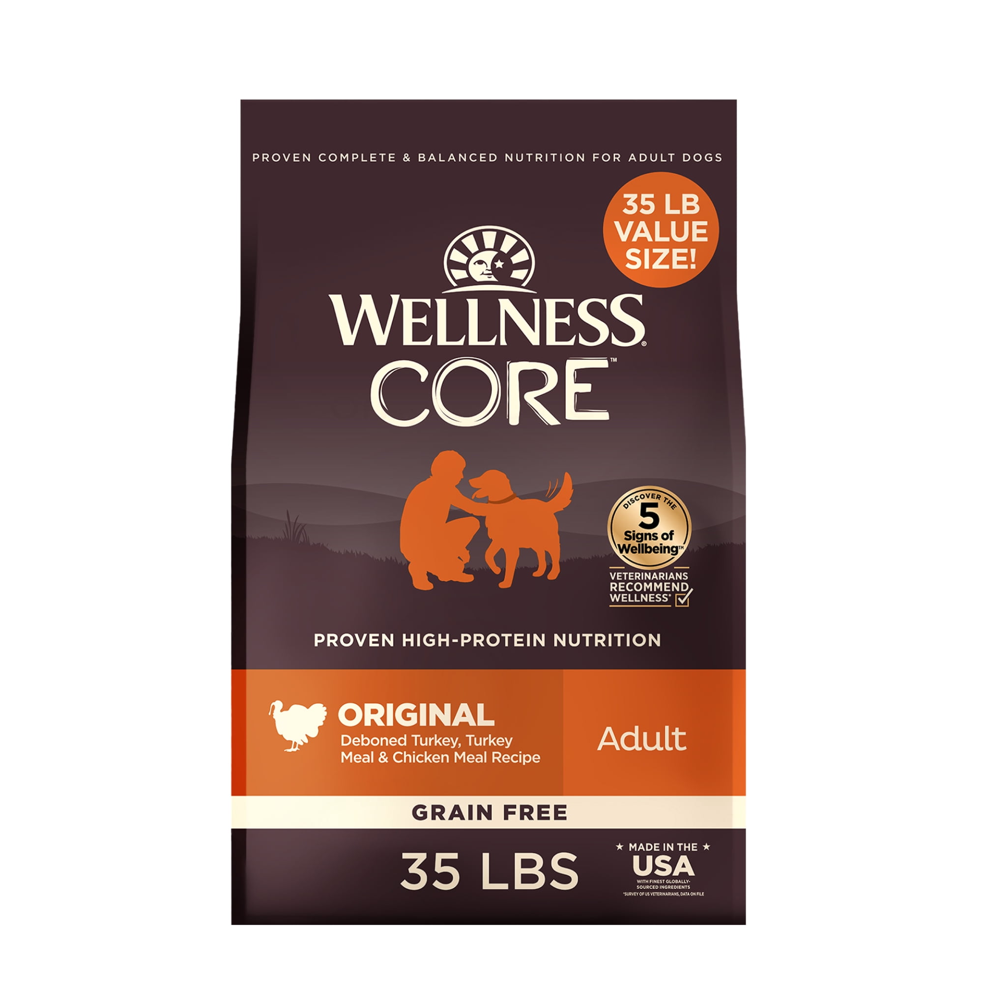 Wellness CORE Adult Dry Dog Food, Grain Free Kibble, Natural, High Protein, Turkey and Chicken Recipe, 35 lb Bag