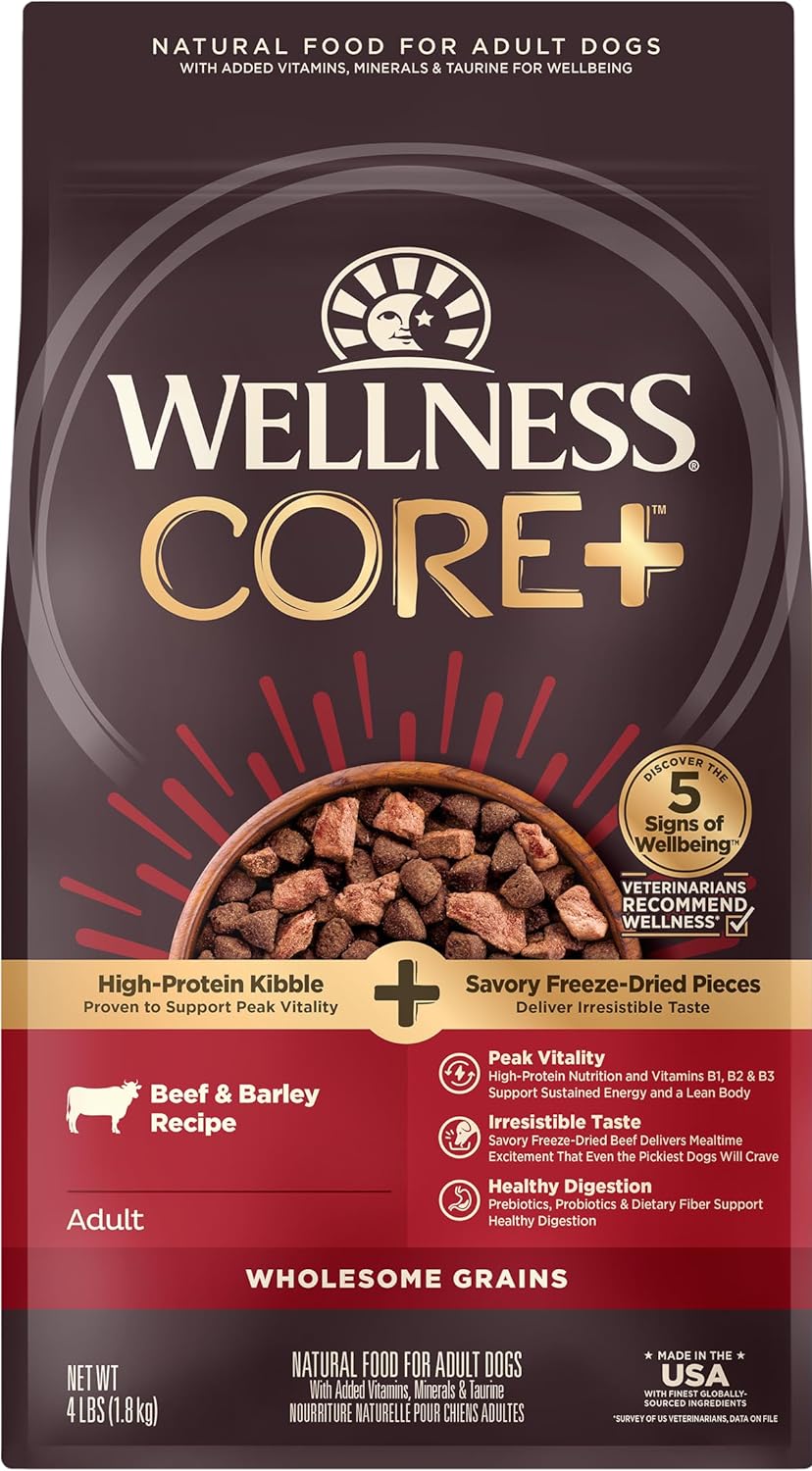 Wellness CORE+ Grained Dry Dog Food, Beef & Barley Recipe, 4 Pound Bag