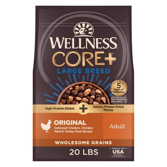 Wellness CORE+ Large Breed Adult Dry Dog Food with Freeze Dried Pieces, Wholesome Grain Kibble+, Natural, High Protein, Chicken and Turkey Recipe, 20 lb Bag