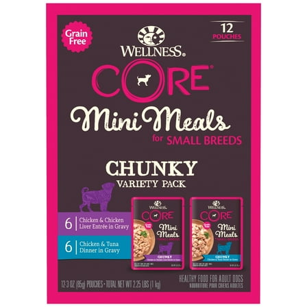 Wellness CORE Natural Grain Free Small Breed Mini Meals Chunky Variety Pack, 3-Ounce (Pack of 12)