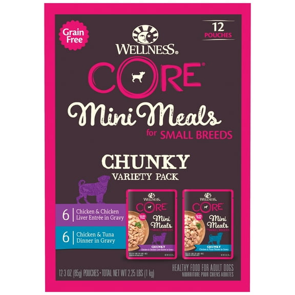 Wellness CORE Natural Grain Free Small Breed Mini Meals Chunky Variety Pack, 3-Ounce (Pack of 12)
