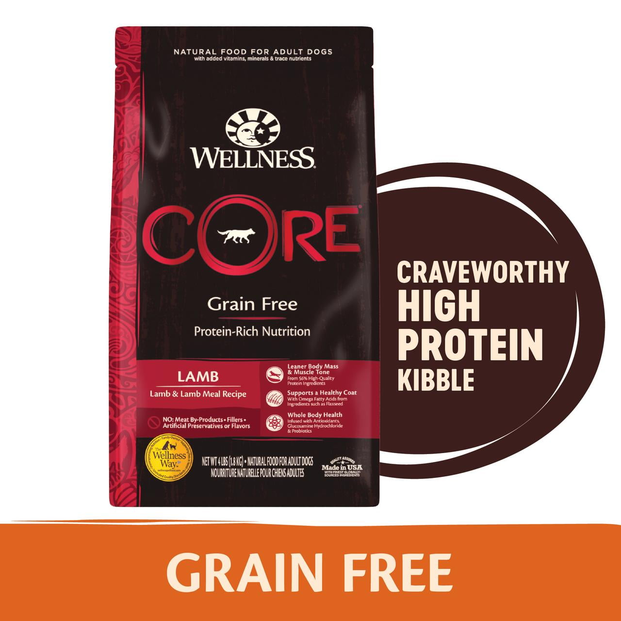 Wellness CORE Natural Grain Free Dry Dog Food, Lamb, 12-Pound Bag