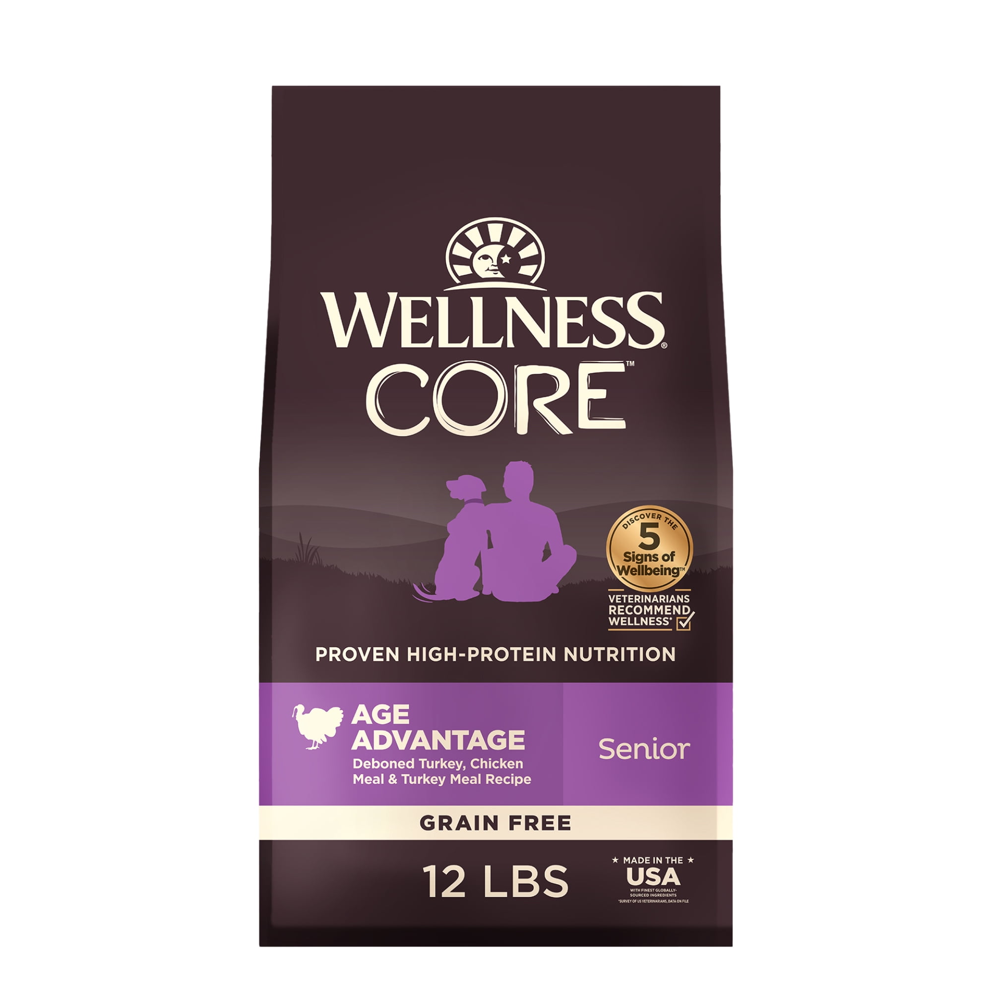 Wellness CORE Senior Dry Dog Food, Grain Free, High Protein, Natural, Age Advantage Turkey & Chicken Recipe, (12-Pound Bag)
