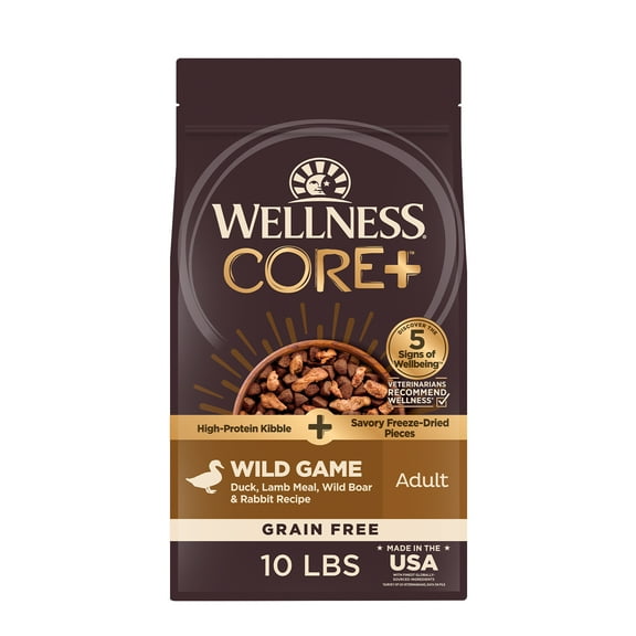 Wellness CORE+ Dry Dog Food with Freeze Dried Pieces, Grain Free, High Protein, Natural, Wild Game Duck, Lamb, Wild Boar, & Rabbit Recipe, (10-Pound Bag)