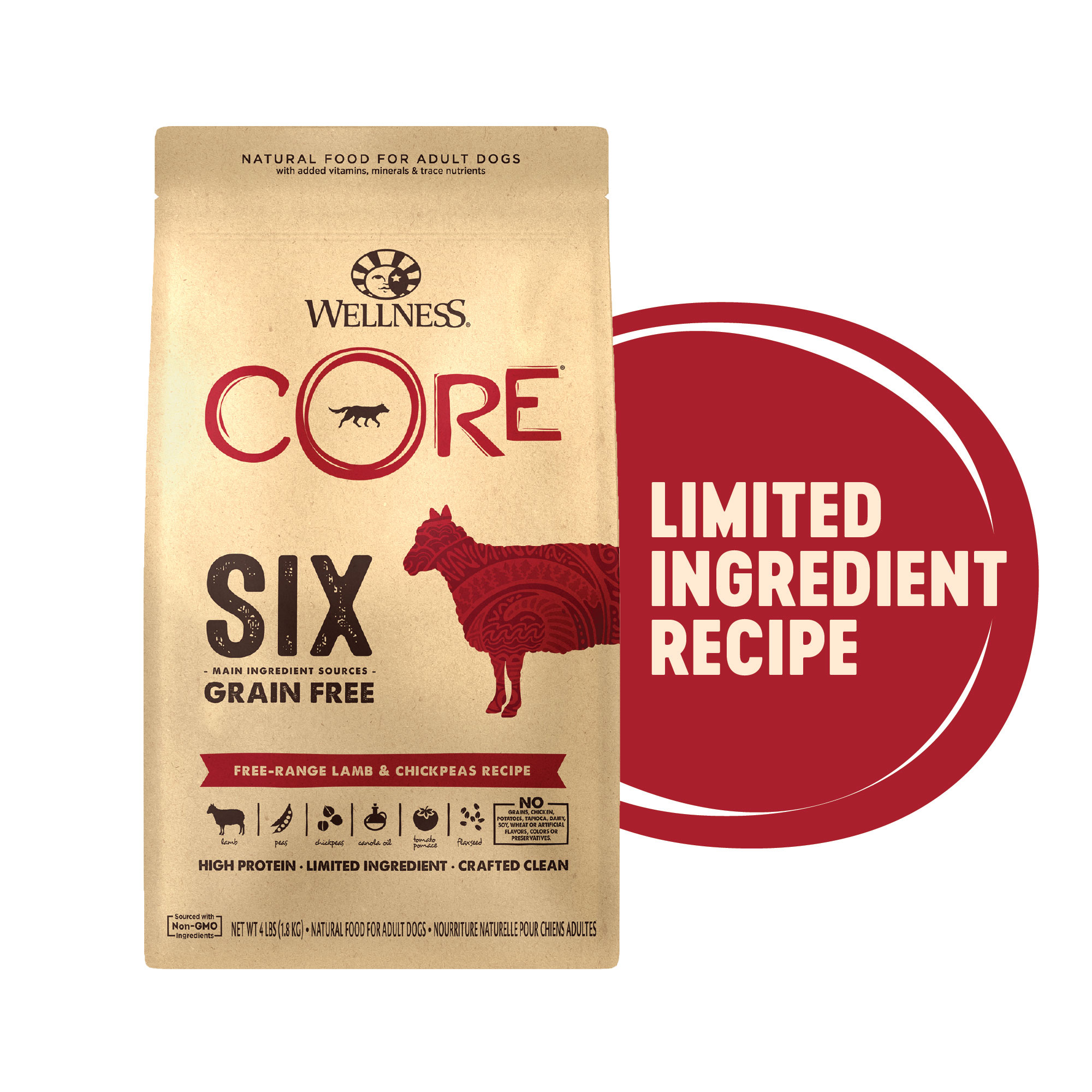 Wellness CORE Natural Grain Free SIX, Free-Range Lamb with Chickpeas Recipe, 22-Pound Bag - image 1 of 9