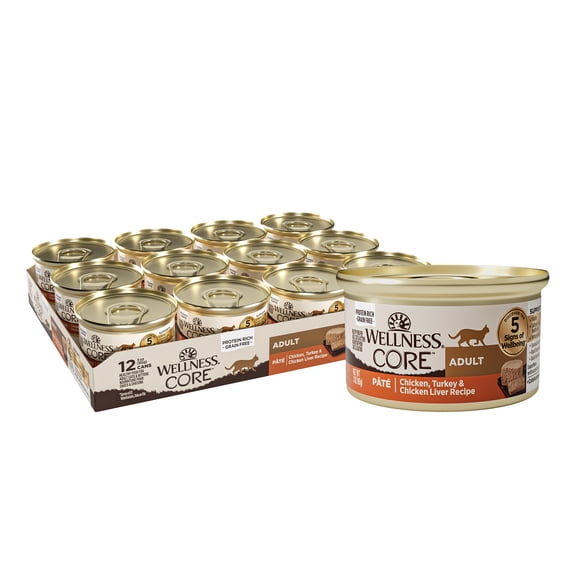 Wellness CORE Pate Adult Canned Wet Cat Food, Natural, Protein Rich, Grain Free, Chicken and Turkey Recipe, 3 oz, Pack of 12 Cans