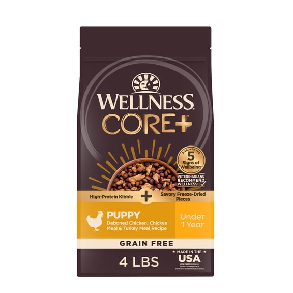 Wellness CORE+ Puppy Dry Dog Food with Freeze Dried Pieces, Grain Free Kibble+, Natural, High Protein, Chicken and Turkey Recipe, 4 lb Bag