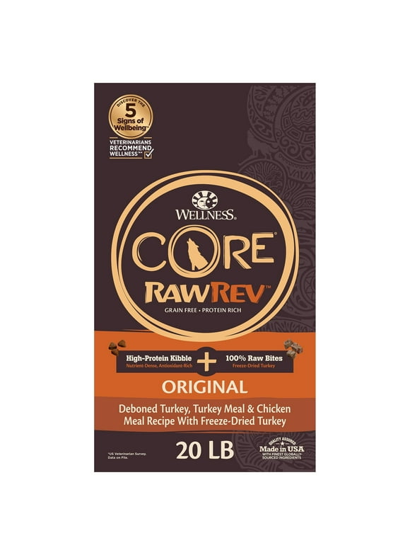 Wellness CORE RawRev Natural Grain Free Dry Dog Food, Original Recipe with Freeze Dried Turkey, 20lb Bag