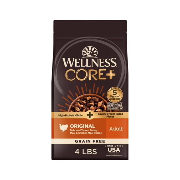 Wellness CORE  Dry Dog Food with Freeze Dried Pieces, Grain Free, High Protein, Natural, Original Turkey & Chicken Recipe, (4-Pound Bag)