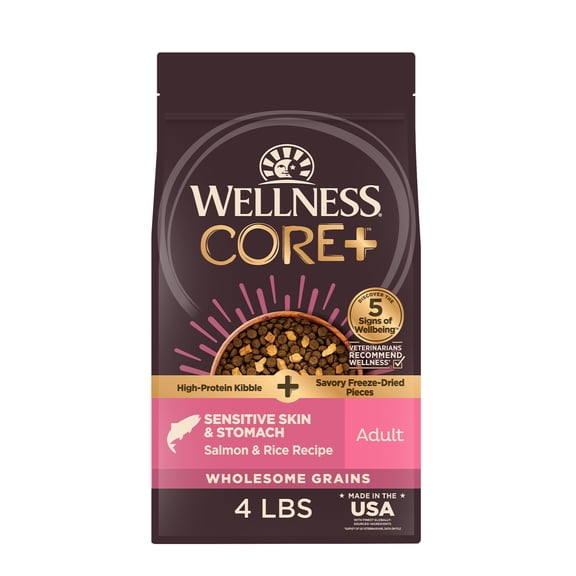 Wellness CORE+ Sensitive Skin & Stomach Dry Dog Food with Freeze Dried Pieces, Wholesome Grains, High Protein, Natural, Salmon & Rice Recipe, (4-Pound Bag)