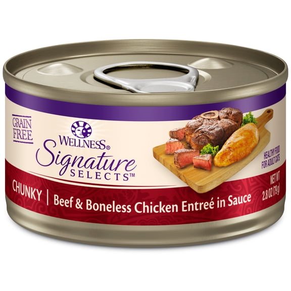 Wellness CORE Signature Selects Chunky Adult Canned Wet Cat Food, Natural, Protein Rich, Grain Free, Beef and Chicken Entrée Recipe, 2.8 oz, Pack of 12 Cans