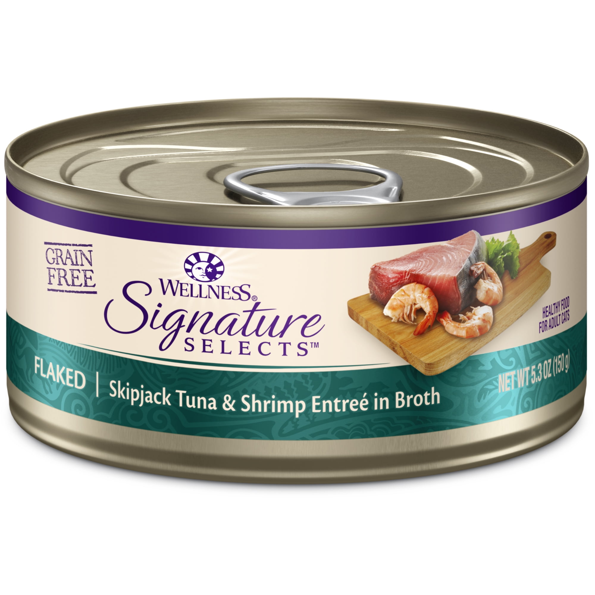 Wellness CORE Signature Selects Shredded Adult Canned Wet Cat Food, Natural, Protein Rich, Grain Free, Skipjack Tuna and Shrimp Entrée Recipe, 5.3 oz, Pack of 12 Cans