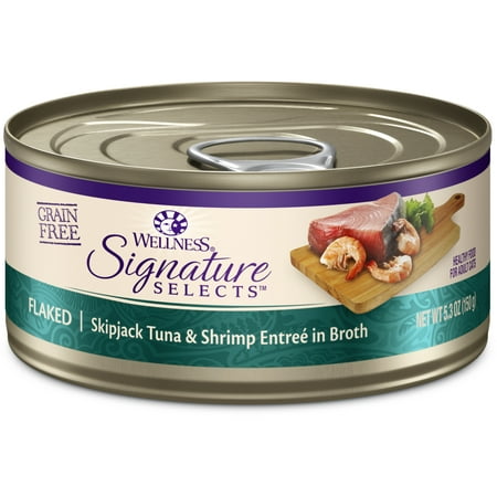 Wellness CORE Signature Selects Shredded Adult Canned Wet Cat Food, Natural, Protein Rich, Grain Free, Skipjack Tuna and Shrimp Entrée Recipe, 5.3 oz, Pack of 12 Cans
