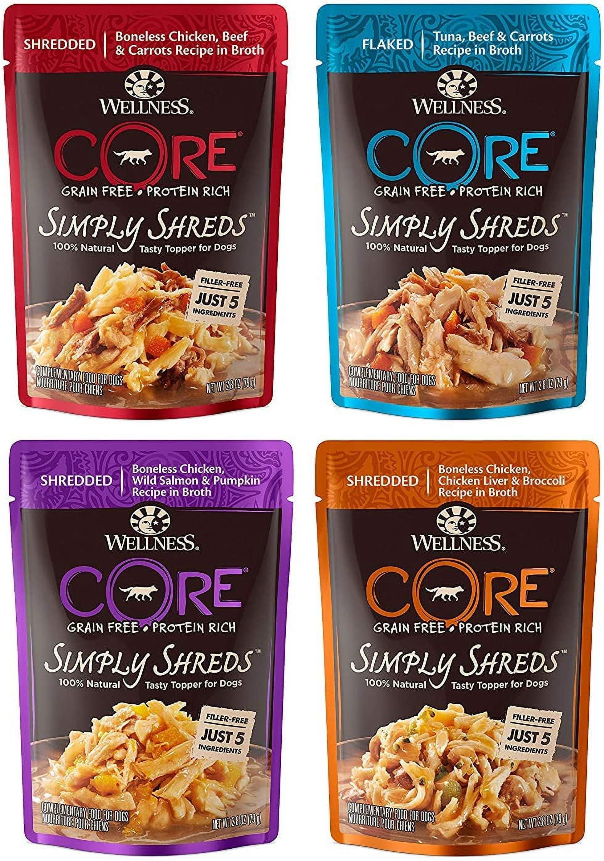 Wellness CORE Simply Shreds Natural Grain Free Wet Dog Food Toppers Variety Pack, 4 Flavors, 2.8 ounce Each (12 Total Pouches)