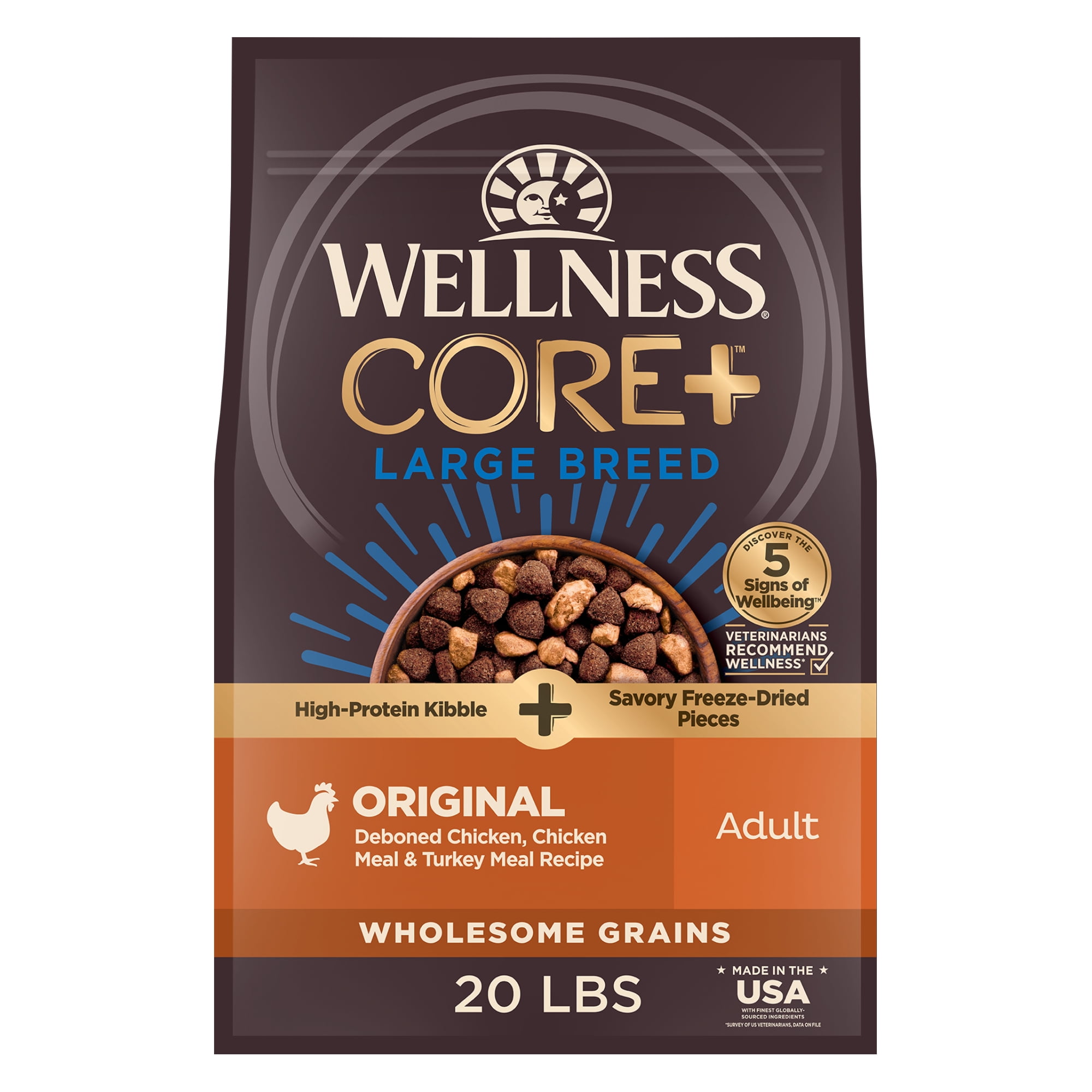 Wellness CORE+ Large Breed Adult Dry Dog Food with Freeze Dried Pieces, Wholesome Grain Kibble+, Natural, High Protein, Chicken and Turkey Recipe, 20 lb Bag