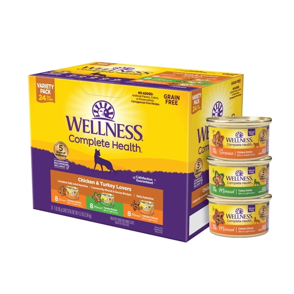 Wellness Complete Health Gravy & Minced Adult Wet Cat Food, Natural, Protein-Rich, Grain Free, 3 Ounce , 24 Pack, (Chicken & Turkey Lovers Variety Pack)