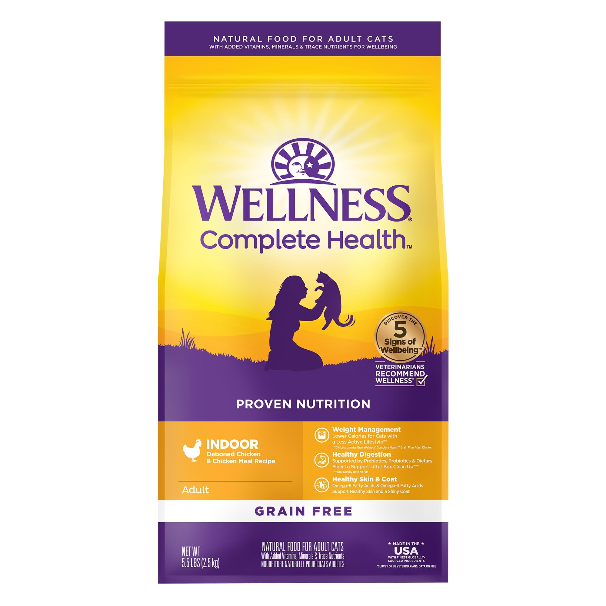 Wellness Complete Health Adult Dry Cat Food for Indoor Cats, Grain Free, Natural, Chicken & Chicken Meal (5.5 Pound Bag) C43