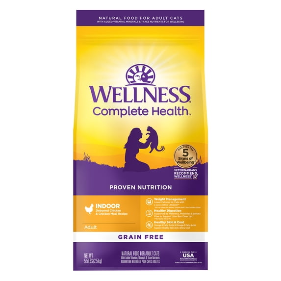 Wellness Complete Health Adult Dry Cat Food for Indoor Cats, Natural, Grain Free Kibble, Chicken Recipe, 5.5 lb Bag