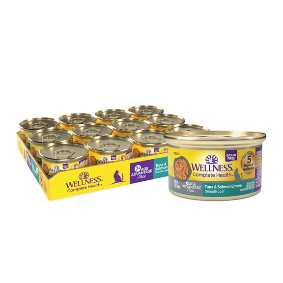 Wellness Complete Health Pate Senior Wet Cat Food, Natural, Protein-Rich, Grain Free, 3 Ounce, 24 Pack, (Tuna & Salmon Age Advantage)